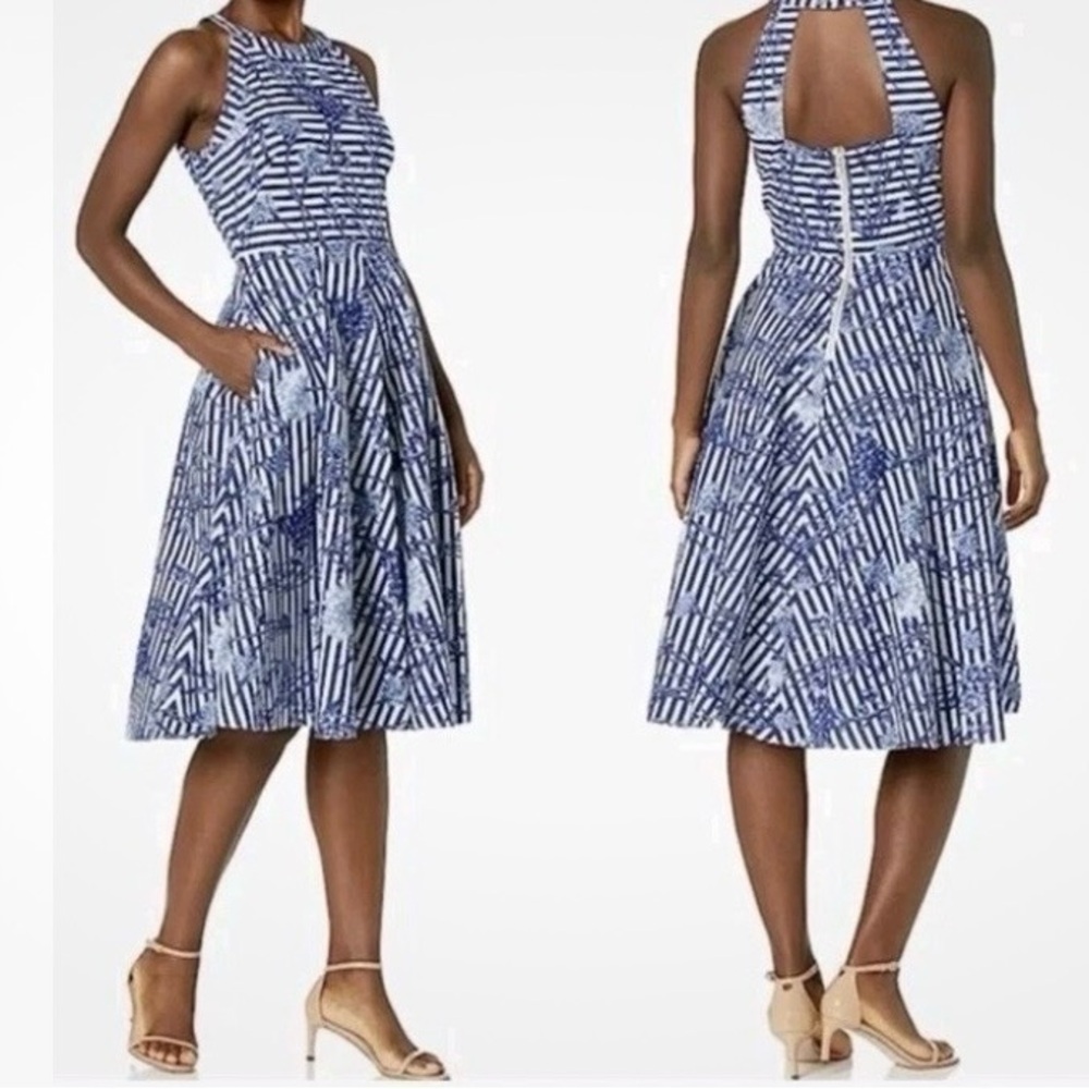 Eliza J Blue and White Cotton ‎ Fit and Flare Halter Neck Sundress Size 10